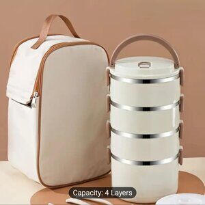 1 Set of Stainless Steel 4 Layer Lunch Box With Complementary bag & Cut